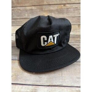 Vintage CAT Embroidered Patch Snapback Trucker Hat Cap  Black USA RARE
